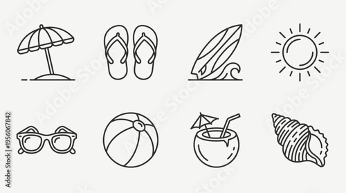 Outlined icons of beach essentials including umbrella, flip-flops, surfboard, sun, sunglasses, beach ball, coconut drink, and seashell, symbolizing summer, leisure, travel, and tropical relaxation.