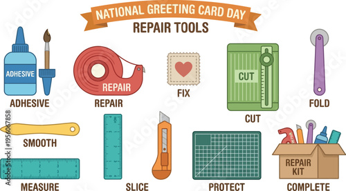 Various labeled repair tools for National Greeting Card Day are displayed in a colorful flat vector arrangement.