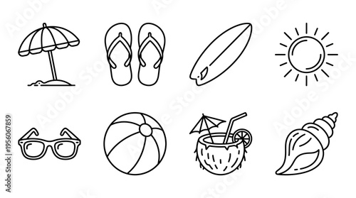 Outlined icons of beach essentials including umbrella, flip-flops, surfboard, sun, sunglasses, beach ball, coconut drink, and seashell, symbolizing summer, leisure, travel, and tropical relaxation.