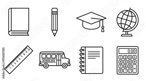 Minimalist education icons set, clean black-and-white school learning essentials illustration