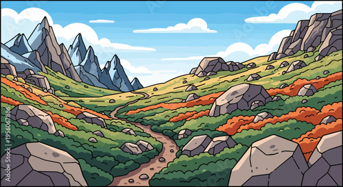 Vibrant cartoon illustration of a mountain trail through a colorful, rocky alpine landscape