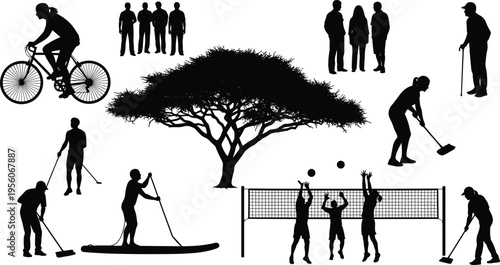 Outdoor, activities, silhouette, set, lifestyle, recreation, volleyball, cycling, paddleboarding, tree, people, community, sport, summer, leisure, active, vector, cleaning, exercise, group.