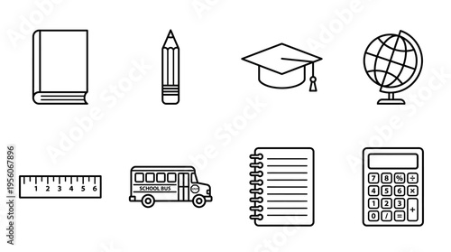 Minimalist education icons set, clean black-and-white school learning essentials illustration