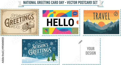 A set of five vector postcards celebrating National Greeting Card Day includes vintage, modern abstract, travel landscape, winter scene, and design mockup templates.