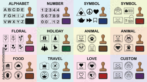 A collection of twelve different categories of rubber stamps with associated wooden handles are organized in a grid layout.
