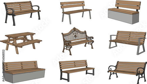 Park, bench, set, wooden, outdoor, furniture, garden, seating, street, equipment, city, landscape, parkway, isolated, collection, vector, illustration, urban, picnic, table.