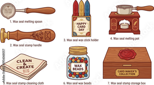 A collection of seven wax sealing tools and accessories including a stamp, melting pot, and storage box are illustrated.