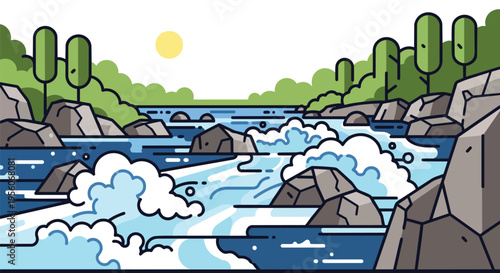 A clean illustrative depiction of a flowing river with powerful rapids, large rocks, and minimalist trees under a sunny sky in a modern vector art