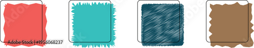 Dynamic Square Stroke Border Set Featuring Zigzag Lines, Scribbled Hand-Drawn Effects, Bloat Brush Textures, and Grunge Torn Edges with Color Styles