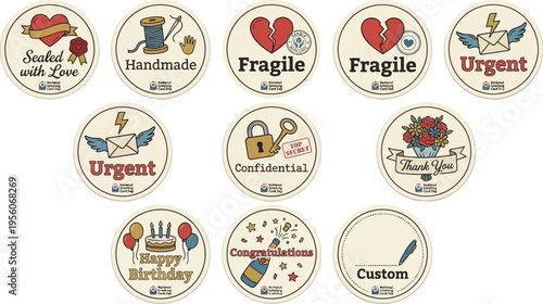 A collection of twelve circular shipping and mailing seals featuring themes like love, fragility, urgency, and celebration is arranged.