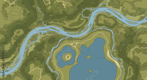 Winding river landscape with a serene lake amidst verdant hills and subtle pathways an illustrated natural terrain