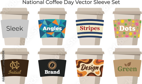 Eight disposable paper coffee cups are shown with various patterned and solid colored insulating sleeves for branding exercises.