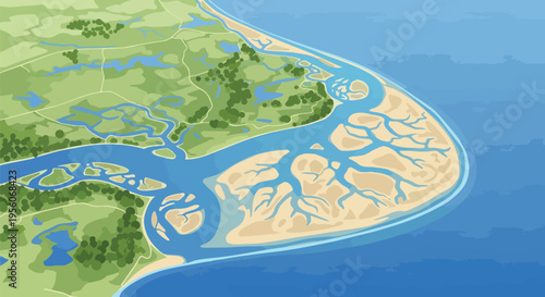 Detailed illustrative map showing a significant river estuary merging with the sea, revealing complex networks of channels, sandbars, and verdant