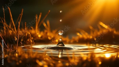 Water droplet impact creating ripples with sunlight and abstract focus