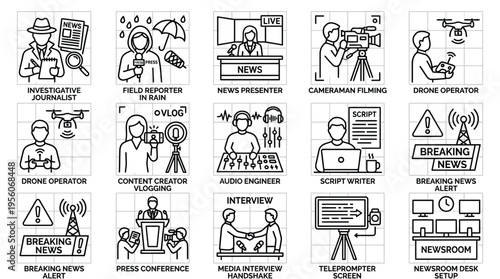 A collection of line art icons depicting different roles and equipment in news reporting, media production, and journalism, including reporters, presenters, cameramen, and newsroom scenes.
