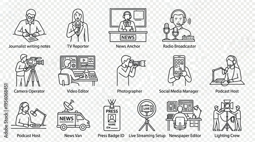 Line art icons depicting various roles and equipment in the news, media, and broadcasting industry, including journalists, anchors, reporters, editors, photographers, and technical crew.