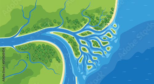 Intricate aerial view illustration of a river delta ecosystem where freshwater tributaries merge into a vast marine environment creating diverse