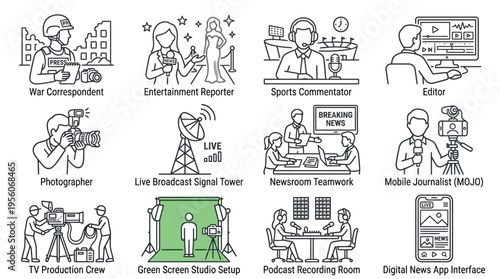 Line art icons depicting different roles and setups in news, media, and digital journalism, including reporters, editors, production crews, and studio environments.
