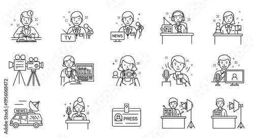 Line art icons depicting various aspects of journalism, news reporting, and media production, including reporters, anchors, cameras, and news vans.