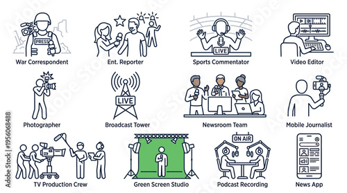 Collection of line icons depicting various roles, equipment, and settings in news, media, and broadcasting industry.