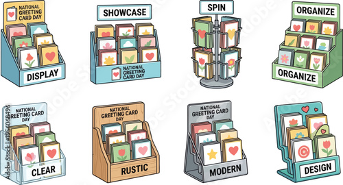 Multiple styles of retail display racks present various greeting cards for National Greeting Card Day promotion.