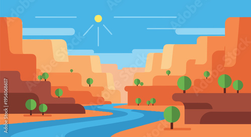 Vibrant flat design vector art showcasing a grand canyon vista with layered rock walls, a winding blue river, scattered green trees, and a bright