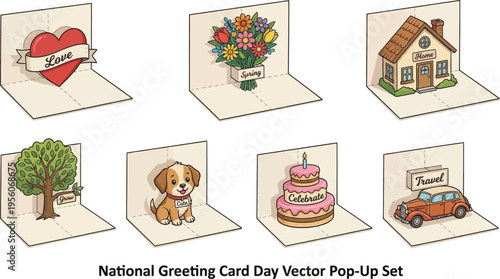 Various greeting card pop-up designs illustrating themes like love, celebration, home, nature, pets, and travel are arranged for display.