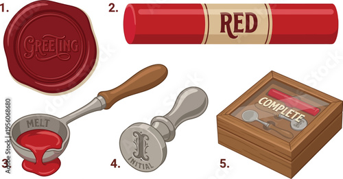 A collection of antique red sealing wax crafting tools, including a stamp, melting spoon, and stick, are displayed together.