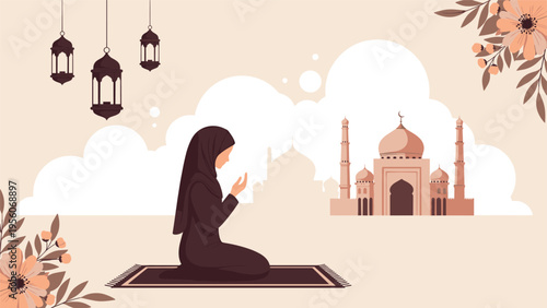 Peaceful illustration of a muslim woman in a hijab praying on a mat with a mosque silhouette in the soft background.