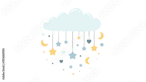 Sweet nursery illustration of a soft blue cloud with various hanging stars, moons, and hearts in pastel colors.