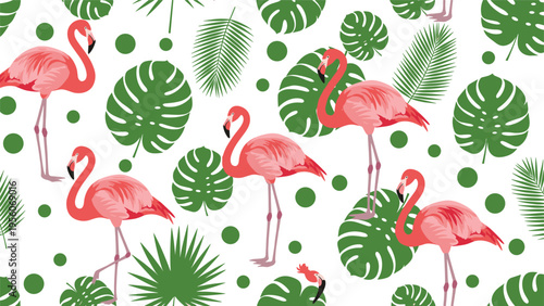 Vibrant seamless pattern featuring elegant pink flamingos and lush green tropical leaves on a white background.