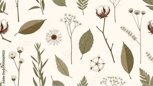 Elegant seamless pattern of botanical elements including cotton pods, dried flowers, and autumn leaves in warm earthy tones.
