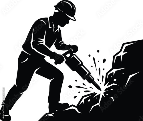 Construction worker silhouette wearing hard hat using pneumatic jackhammer to drill rock on site, industrial building worker mining or road maintenance