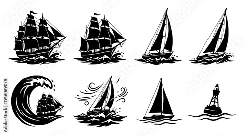 Black and white sailboat vector graphics and illustrations set