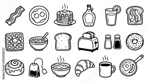 Vector illustration of various breakfast foods and drinks