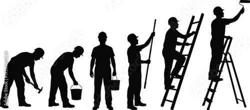 Construction workers silhouette collection set featuring professional builders painters and repairmen using ladders hammers and rollers for industrial building vector