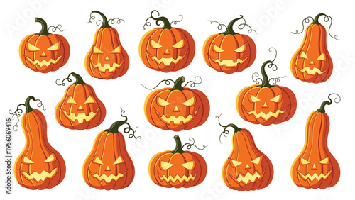 Group of carved jack-o-lantern pumpkins with different spooky and scary faces for halloween holiday celebrations.