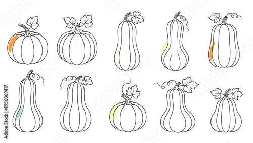 Selection of various pumpkin and squash outline drawings with minimal yellow and green color accents on a white background.