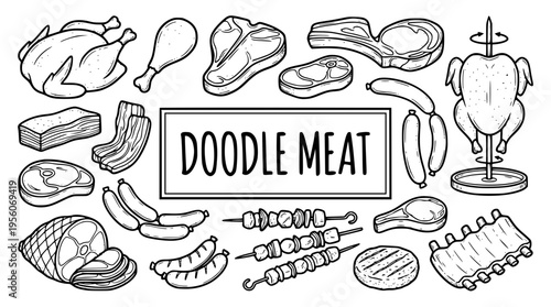 Doodle meat illustration with various cuts and dishes
