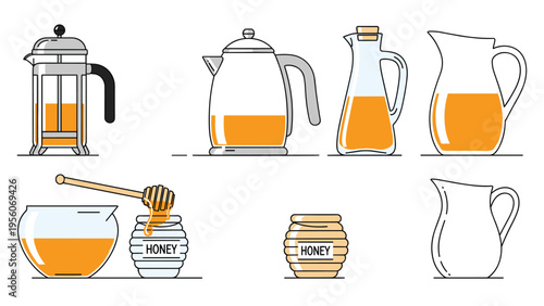 Selection of kitchenware for making tea and serving honey including a french press, kettle, pitchers, and honey jars.