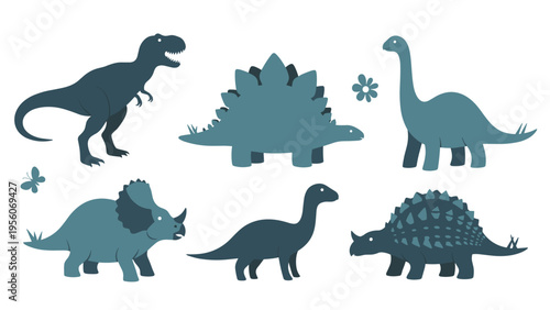 Set of blue-toned dinosaur silhouettes featuring various species like Tyrannosaurus Rex, Stegosaurus, and Triceratops.