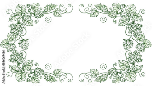 Decorative frame border made of hand-drawn green hop branches with leaves and cones in an elegant botanical style.