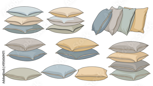 Selection of soft and plush bed pillows in neutral tones arranged in different stacks and groups on a white background.