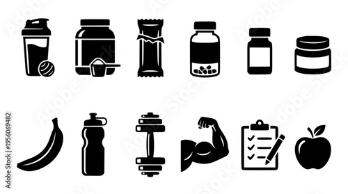 Vector graphic illustration of fitness and nutrition icons
