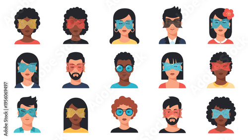 Set of diverse avatars of men and women wearing different styles of colorful and patterned eyeglasses and frames.