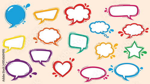 Large collection of colorful comic book style speech bubbles with various shapes and explosive graphic design elements.