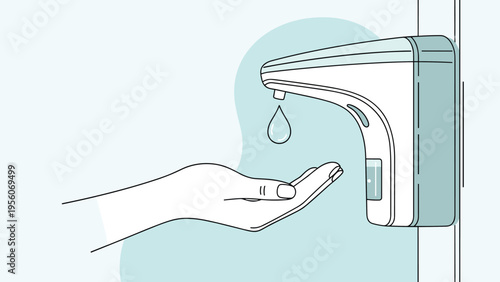 Hand reaching towards an automatic hand sanitizer dispenser mounted on a wall to promote hygiene and cleanliness.