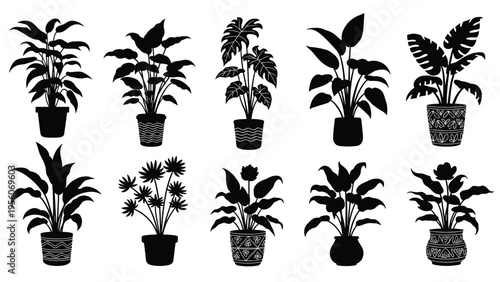 Collection of various houseplant silhouettes in decorative pots featuring different leaf shapes and sizes for indoor gardening themes.