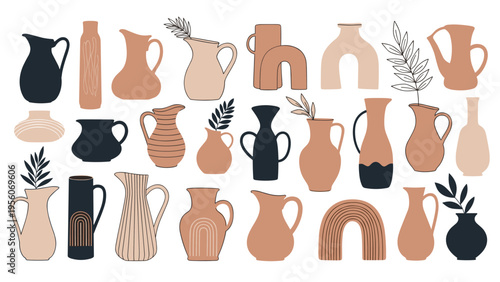 Selection of decorative pottery in various shapes and earthy colors like terracotta and beige including vases, pitchers, and abstract forms.
