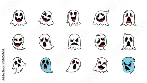 Assortment of cartoon ghost characters with various spooky and funny expressions including some with blue highlights and red eyes.